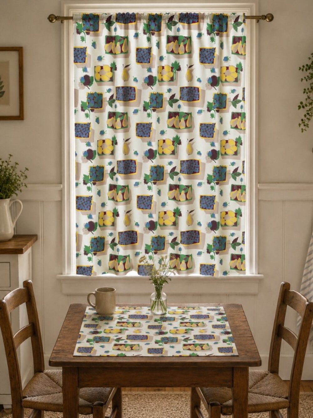 Vintage Fruit Themed Curtain Panel Square Table Runner Set Cottage Farmhouse